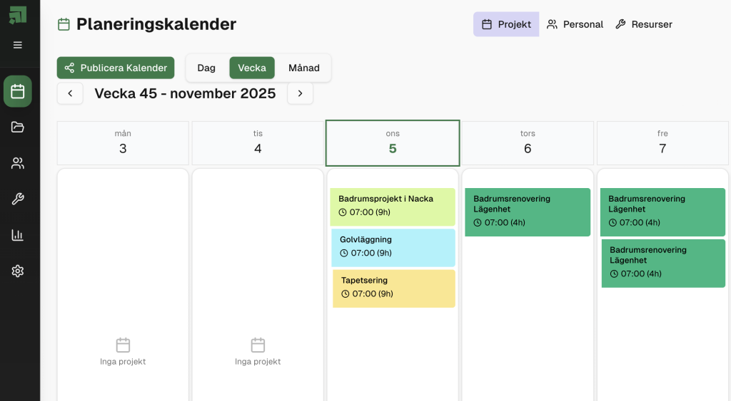 Plania planeringsverktyg - översikt av kalender med projekt och personal